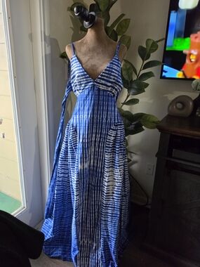 100% Cotton Blue Tie-Dye Maxi Dress with Spaghetti Straps